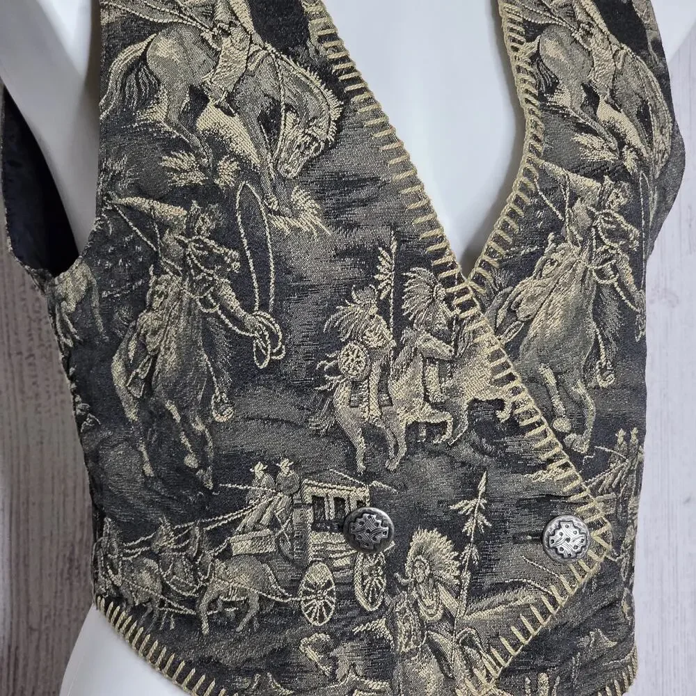 Vintage Roughrider by Circle T Western Tapestry Vest Horse Cowboy Rodeo Print M - Picture 2 of 6